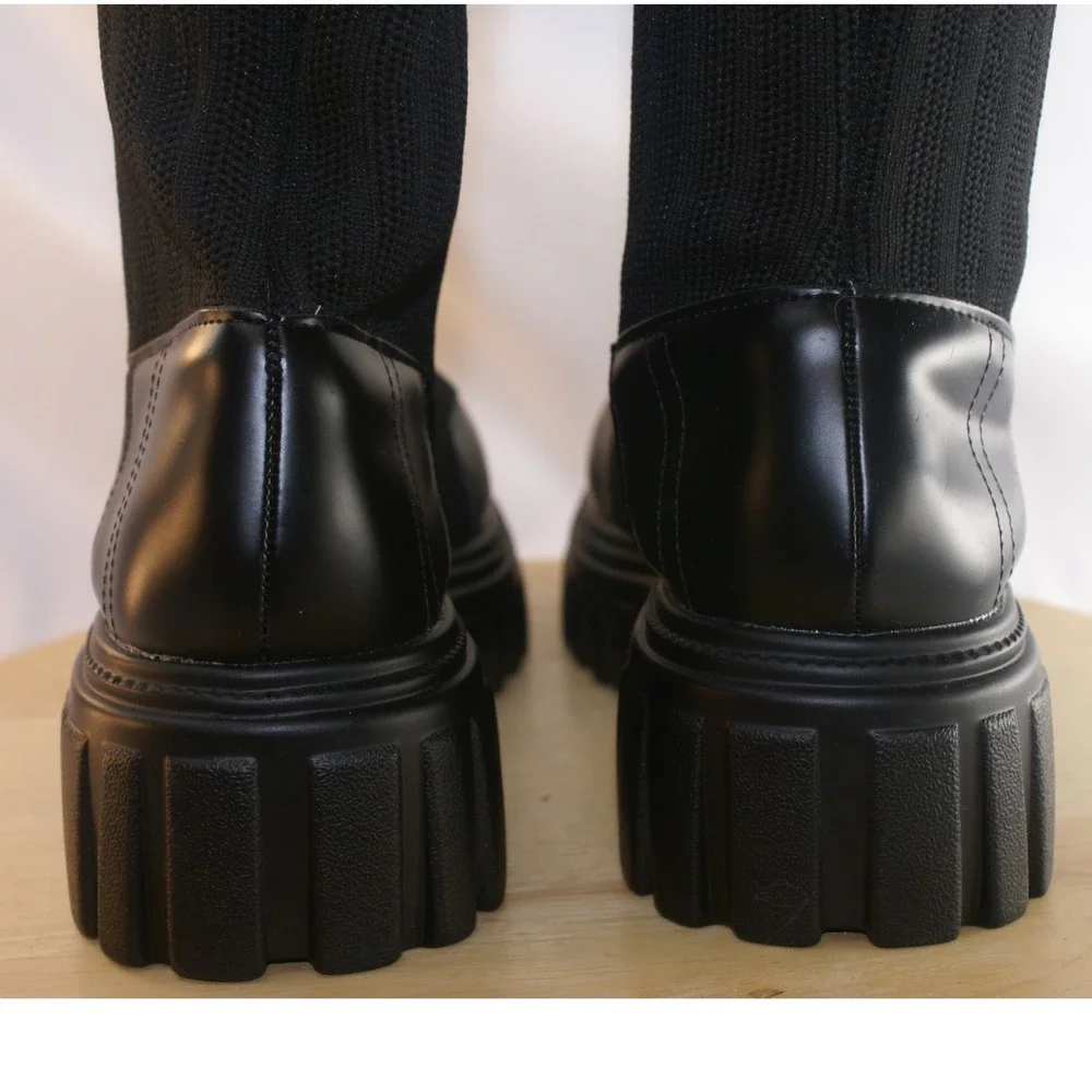 Cincoo Womens Black Ribbed Knit Over The Knee Lug Sole Platform Boots Size 6.5